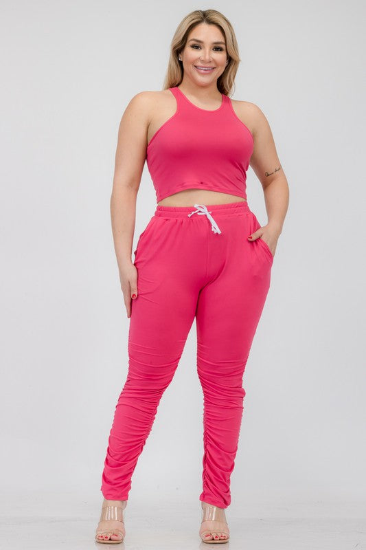 Plus Size Crop Tank Top & Ruched Pants Set