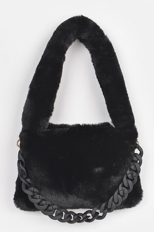 Faux Fur Chain Accent Shoulder Bag