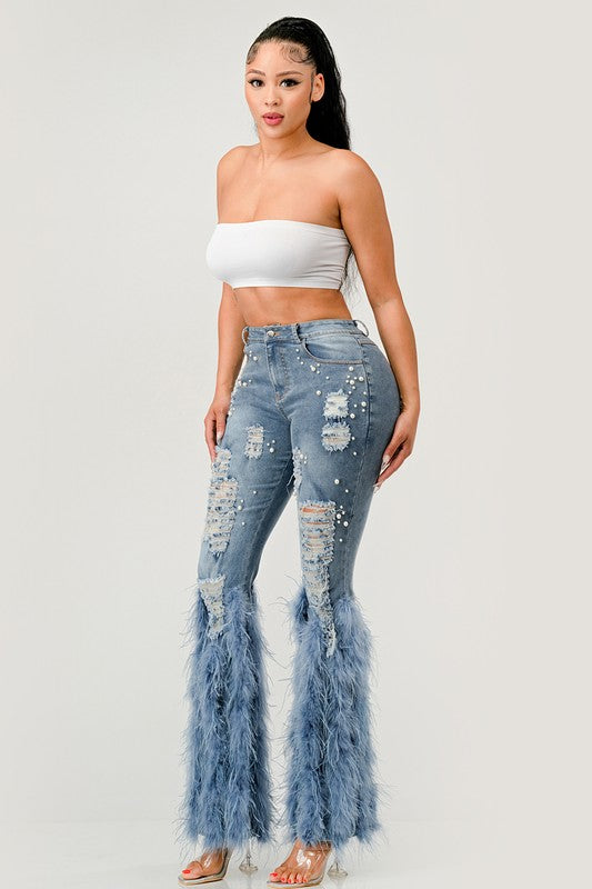 Distressed Pearl Embellished Feather Detail Jeans