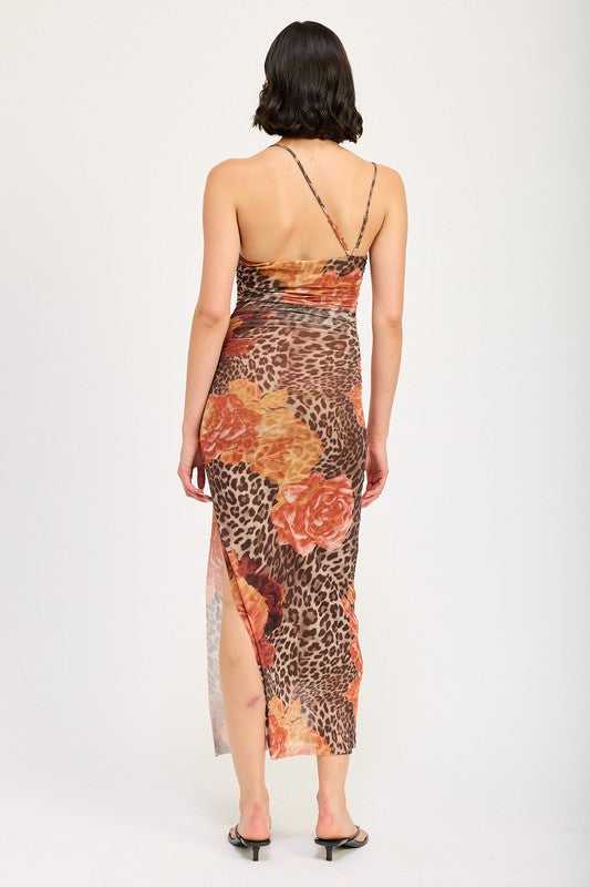 MESH PRINTED ONE SHOULDER MAXI DRESS