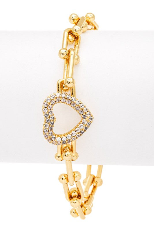 Micro Pave Heart Charm Paperclip Bracelet