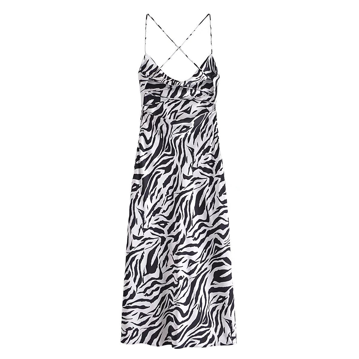 Striped Black And White Animal Print  Back Slim Fit Slip Dress