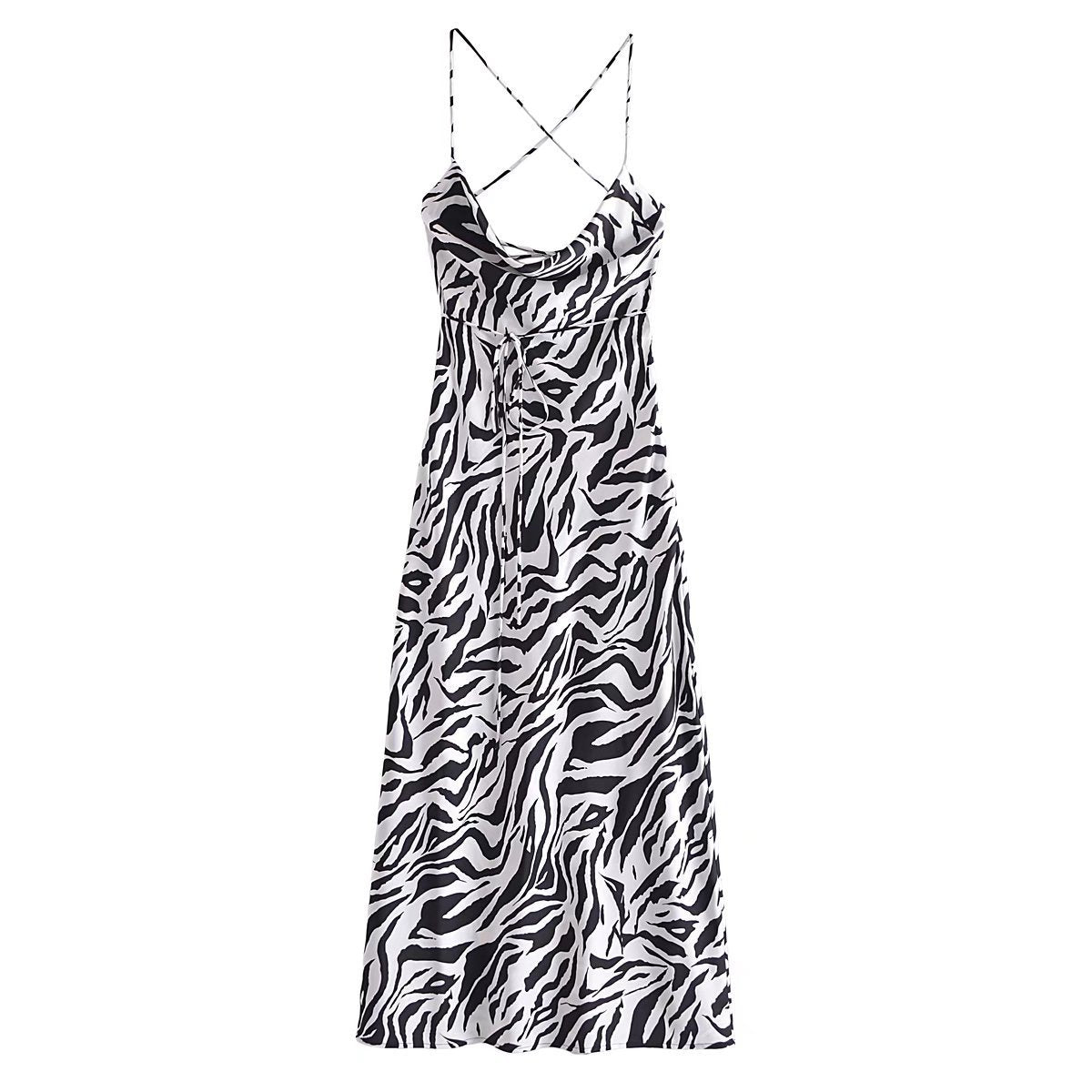 Striped Black And White Animal Print  Back Slim Fit Slip Dress